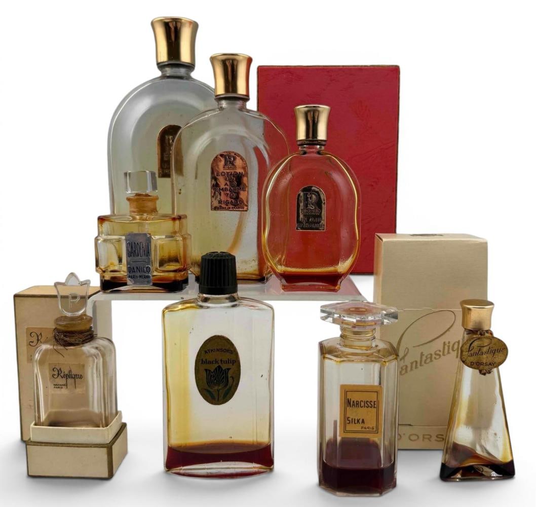Collection Of Vintage Perfume Bottles, Including Rigaud, D'Orsay: Collection Of Vintage Perfume Bottles, Including Rigaud, D'Orsay. Includes: Rigaud, Un Air Embaume; D'Orsay, Fantastique; Raphael Replique; Atkinson's Black Tulip; Danilo, Gardenia; and Silka, Narciss