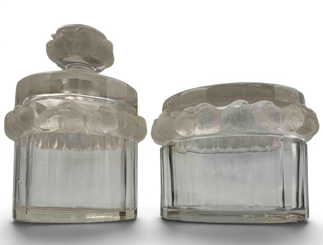 Lalique Robinson Bird Powder Box & Perfume Splash Bottle: Lalique Robinson Bird Powder Box & Perfume Splash Bottle. Etched "Lalique France." Perfume bottle approximately 5.12H x 3.80W in. Powder box approximately 3.37H x 4.55W in. Please note chips, as photo