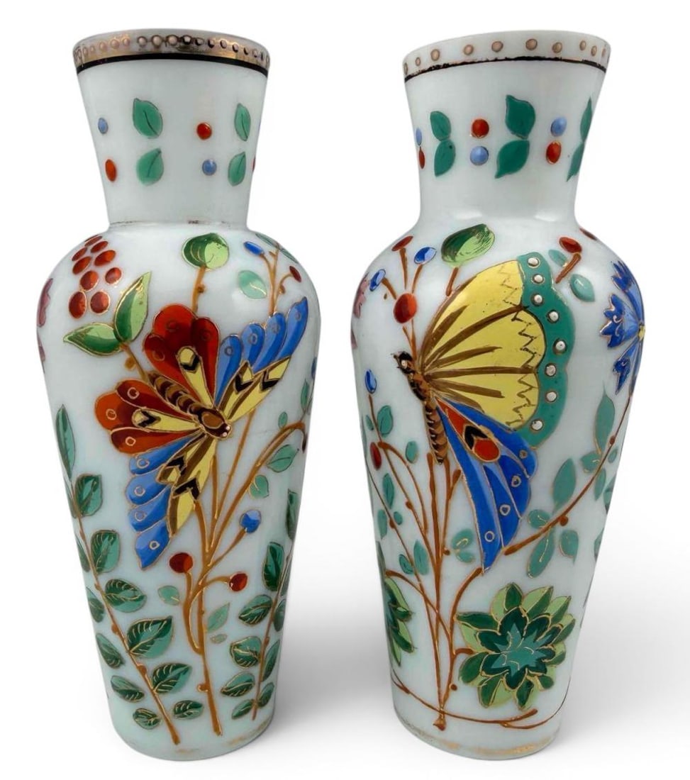 Pair Of Antique Enameled Glass Butterfly Vases (1 of 13)