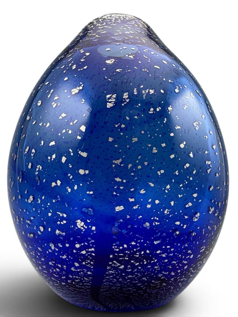 Murano Silver Fleck Cobalt Blue Art Glass Vase: Murano Silver Fleck Cobalt Blue Art Glass Vase. Approximately 7.62H x 5.5W in.