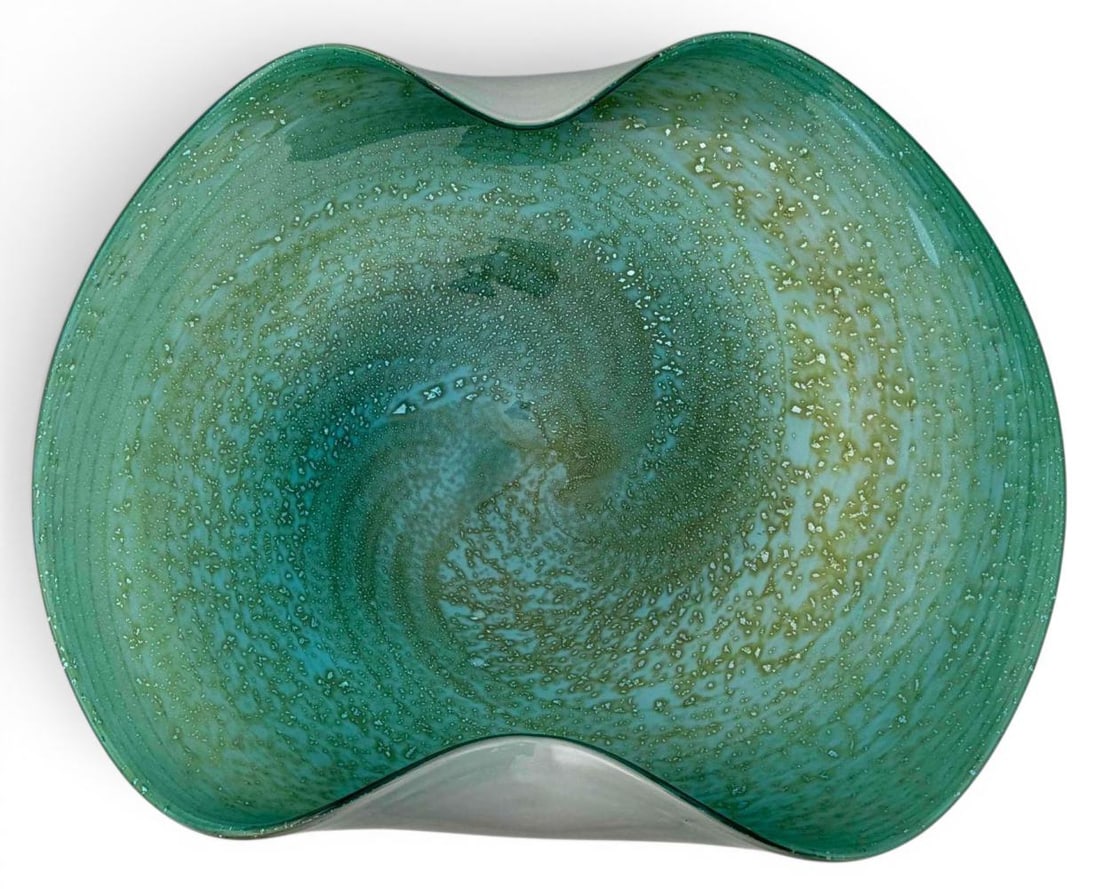 Turquoise Cased Art Glass Bowl With Silver Fleck: Turquoise Cased Art Glass Bowl With Silver Fleck, Possibly Murano. Approximately 14.25L x 10.87W x 3.75H in.