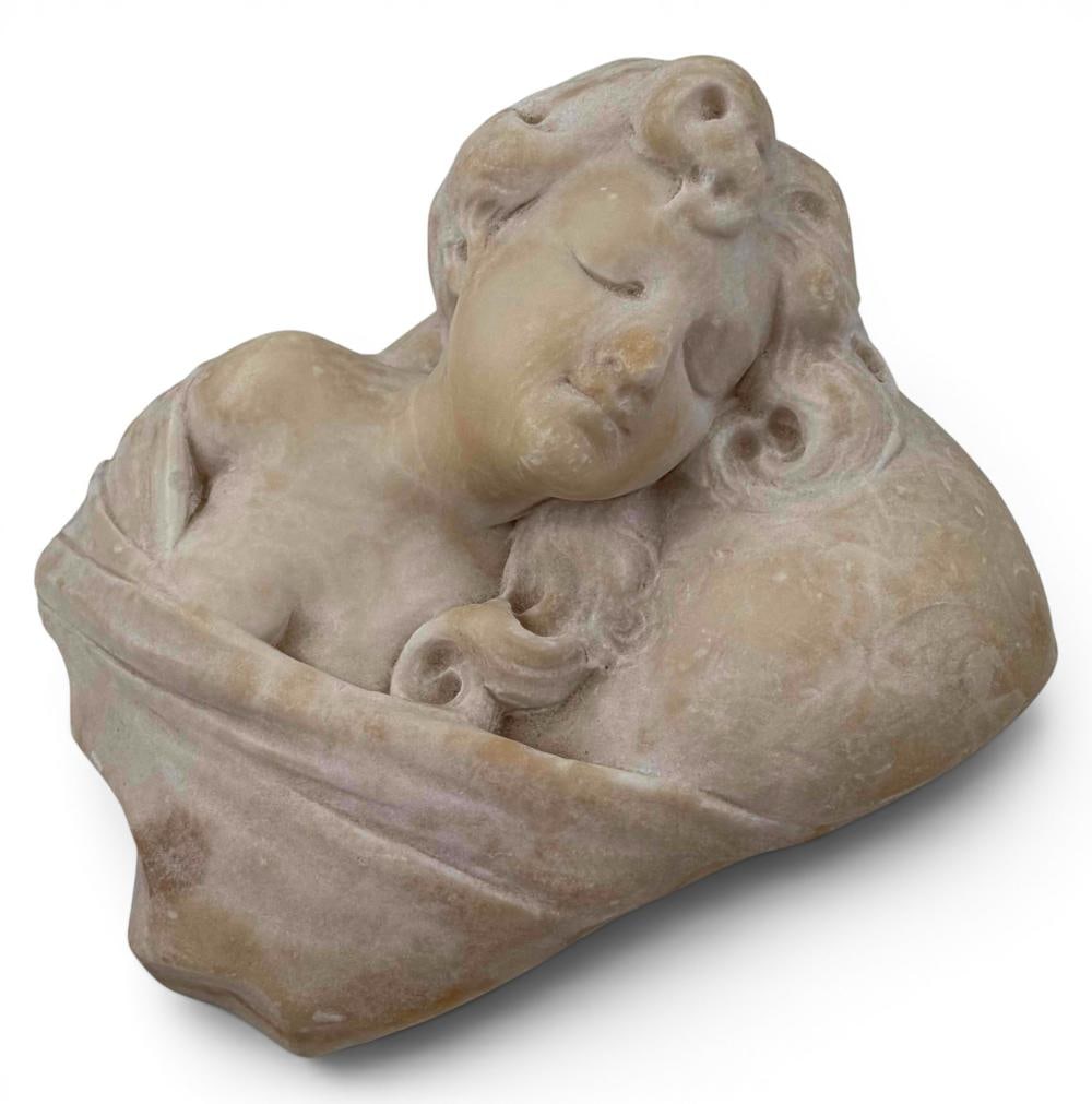 Art Nouveau Alabaster Sculpture Of A Sleeping Woman: Art Nouveau Alabaster Sculpture Of A Sleeping Woman. Approximately 5.0L x 4.5W x 2.87H in. Provenance: Property of Louise Lyson Bulgheroni Forster, born in Monaco in 1896 into a prominent Monegasque f