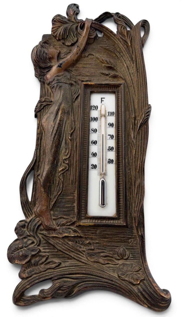 Antique Art Nouveau Figural Desk Thermometer: Antique Art Nouveau Figural Bronzed Metal Thermometer. Marked "9408." Approximately 11.0H x 5.12W in.