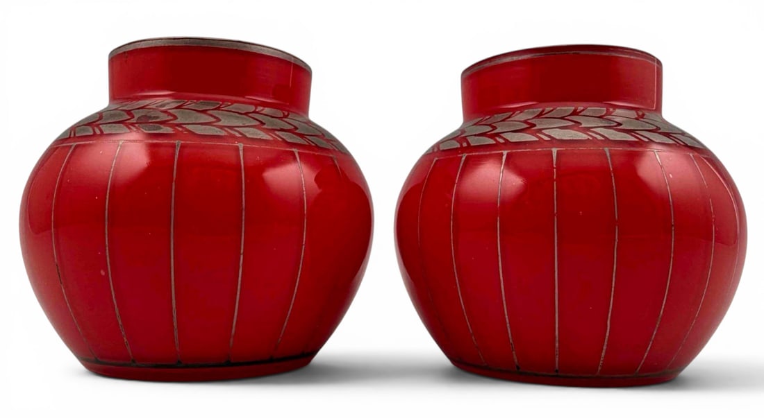 Pair Of Art Deco Silver Gilt Vases: Pair Of Art Deco Silver Gilt Vases With Red Enameled Interior. Approximately 3.37H x 3.62W in.