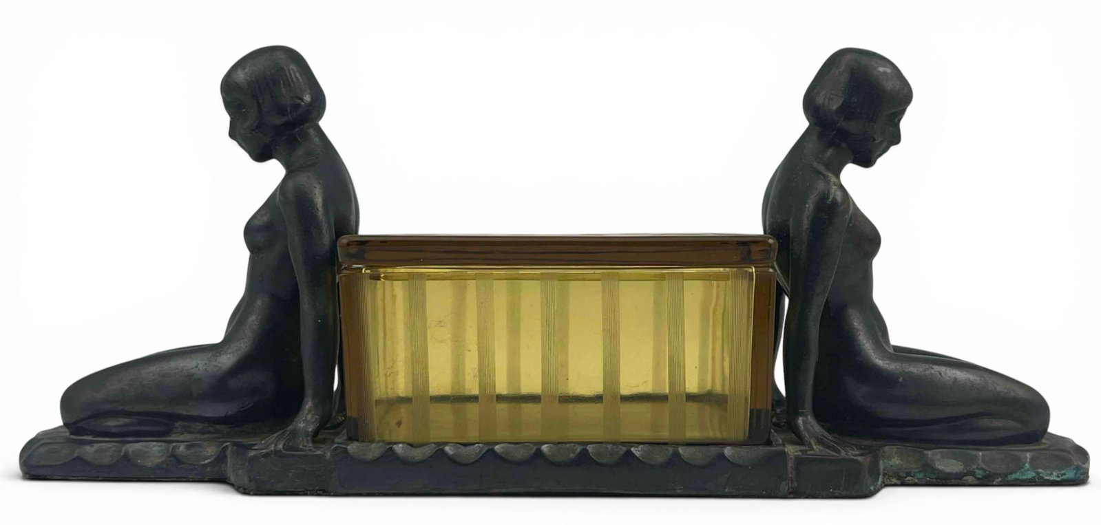 Art Deco Figural Spelter & Etched Glass Box: Art Deco Figural Spelter & Etched Glass Cigarette Box. Approximately 11.5L x 3.625W x 4.625H in.
