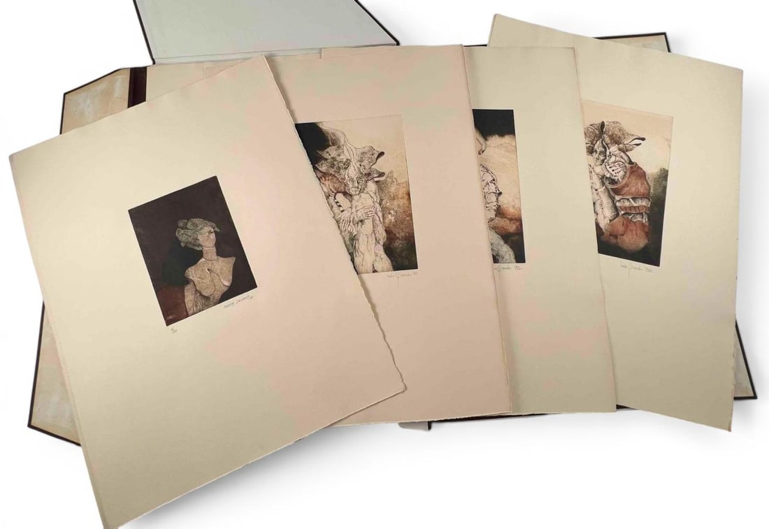 Nunik Sauret And Luis Granda Portfolio, 6 Original Signed Etchings, Limited Edition: Nunik Sauret And Luis Granda Complete Portfolio, 6 Original Signed Etchings, 1980, Limited Edition. Each etching signed in pencil, dated 1980. Sheets approximately 23.75H x 18.0W in. Images approximat