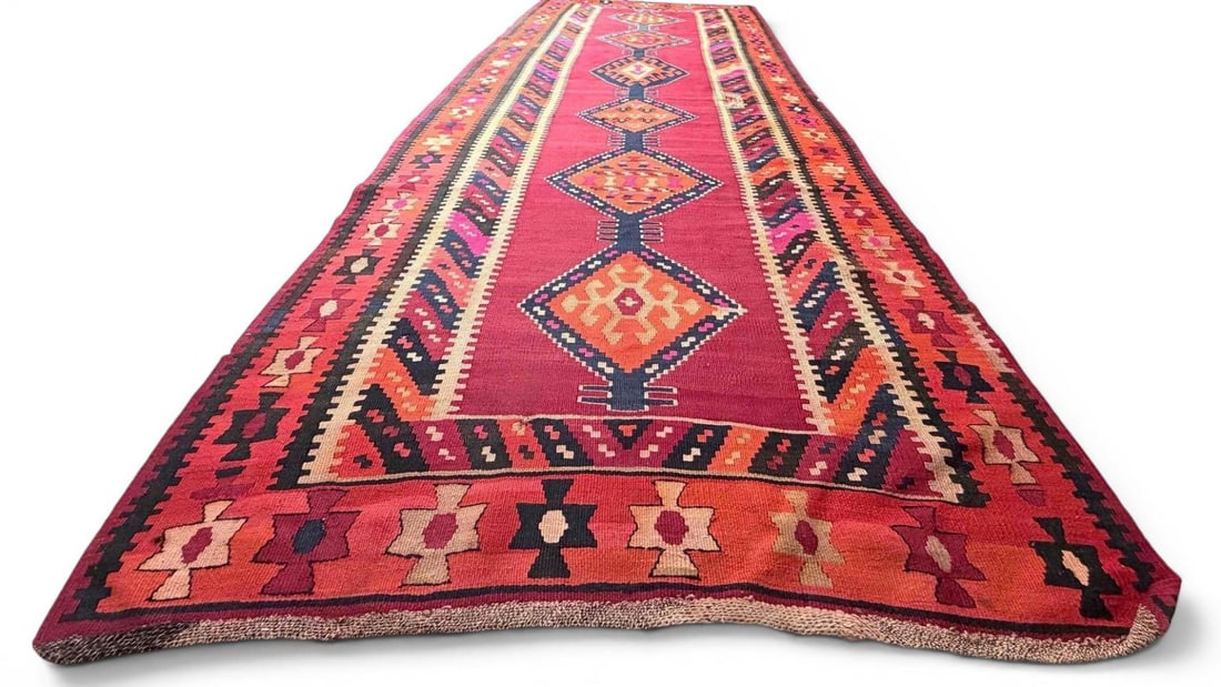 Older Kilim Flatweave Rug: Older Kilim Flatweave Rug. Approximately 11.87L x 4.83W ft. (Approximately 142.5L x 58.0W in.)