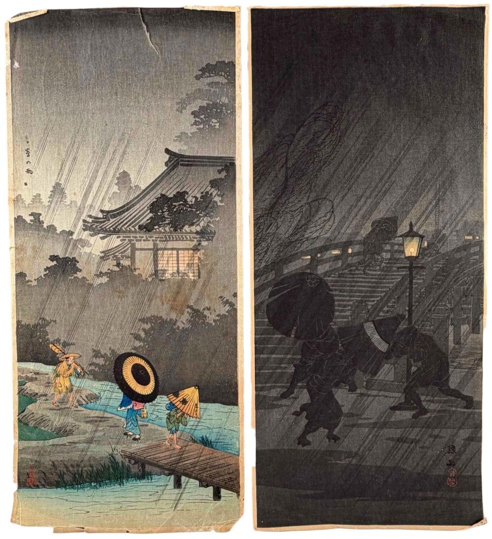 Takahashi Shotei /Hiroaki (1871-1945), Night Rain, Two Ukiyo-e Woodblock Prints, c. 1930: Takahashi Shotei, also known as Hiroaki (Japanese, 1871- 1945), two Japanese woodblock prints depicting figures in rain, one with figures crossing a bridge near a temple or shrine, the other a night s