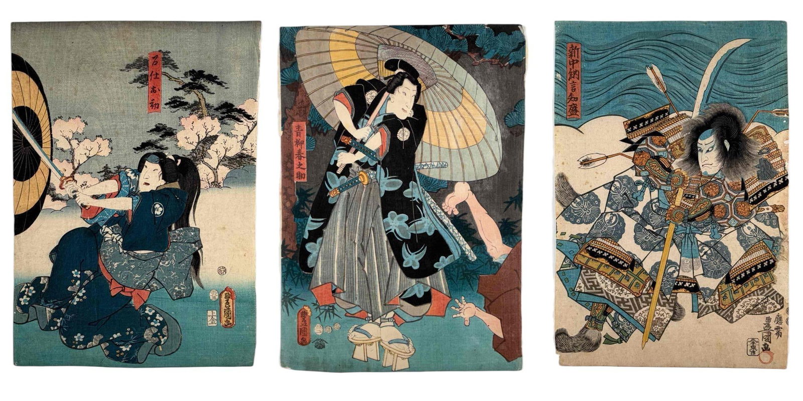 Utagawa Kunisada/Toyokuni III (1786- 1865), Three Japanese Ukiyo-e Woodblock Prints, 19th C.: Utagawa Kunisada, also known as Toyokuni III (Japanese, 1786- 1865), group of three Japanese ukiyo-e woodblock prints depicting kabuki actors and a warrior figure. Each with printed signature and publ
