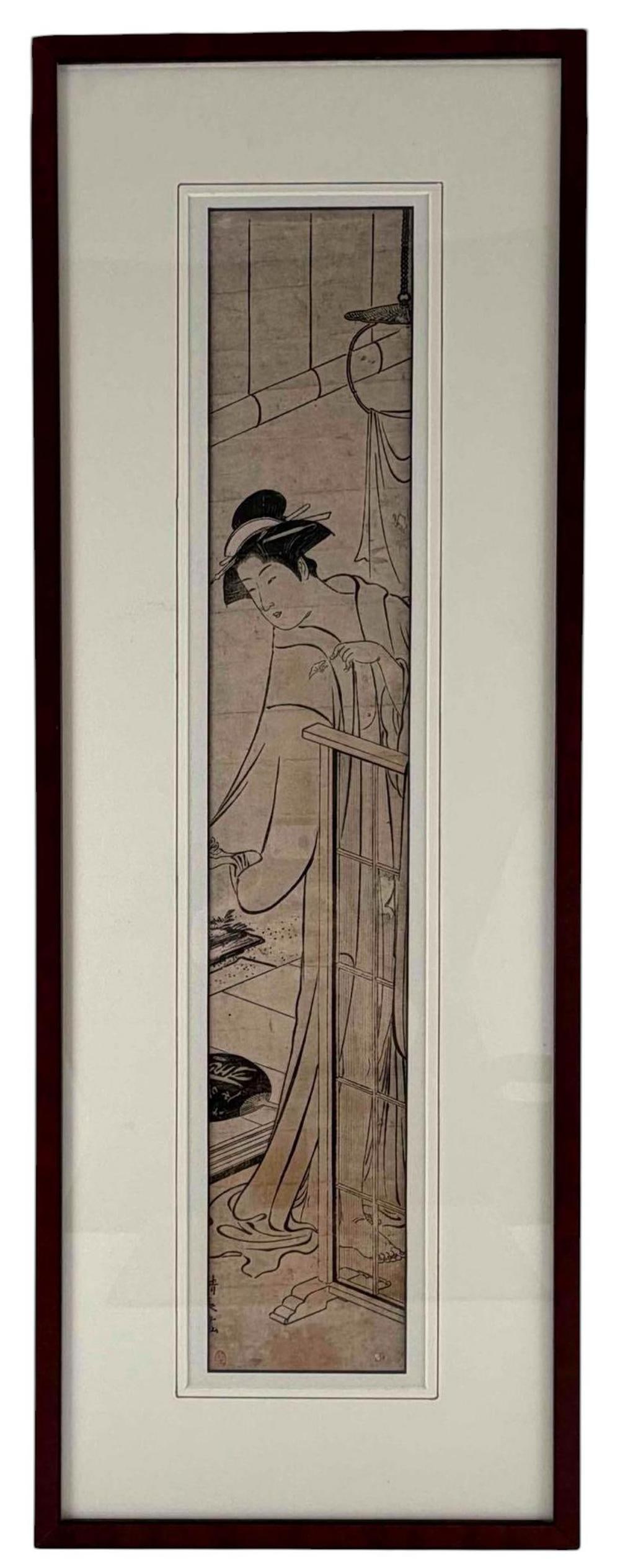 Torii Kiyonaga, Bijin in Her Bedchamber, Japanese Hashira-e Pillar Woodblock Print, c. 1780: Torii Kiyonaga (1752-1815), Bijin in Her Bedchamber, Japanese Hashira-e Pillar Woodblock Print, c. 1780. Frame approximately 33.0H x 12.12W x 0.5D in. Sight approximately 25.5H x 4.37W in.