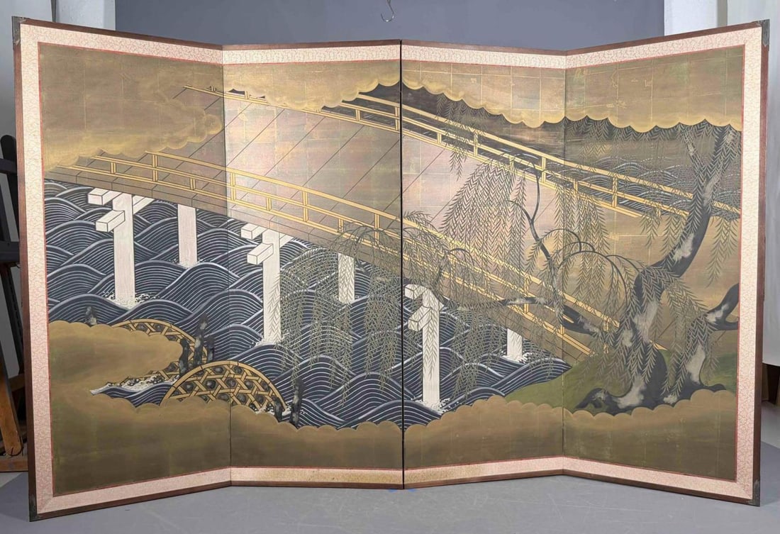Japanese Four Panel Folding Screen, Willow Tree Beside A Bridge (1 of 13)