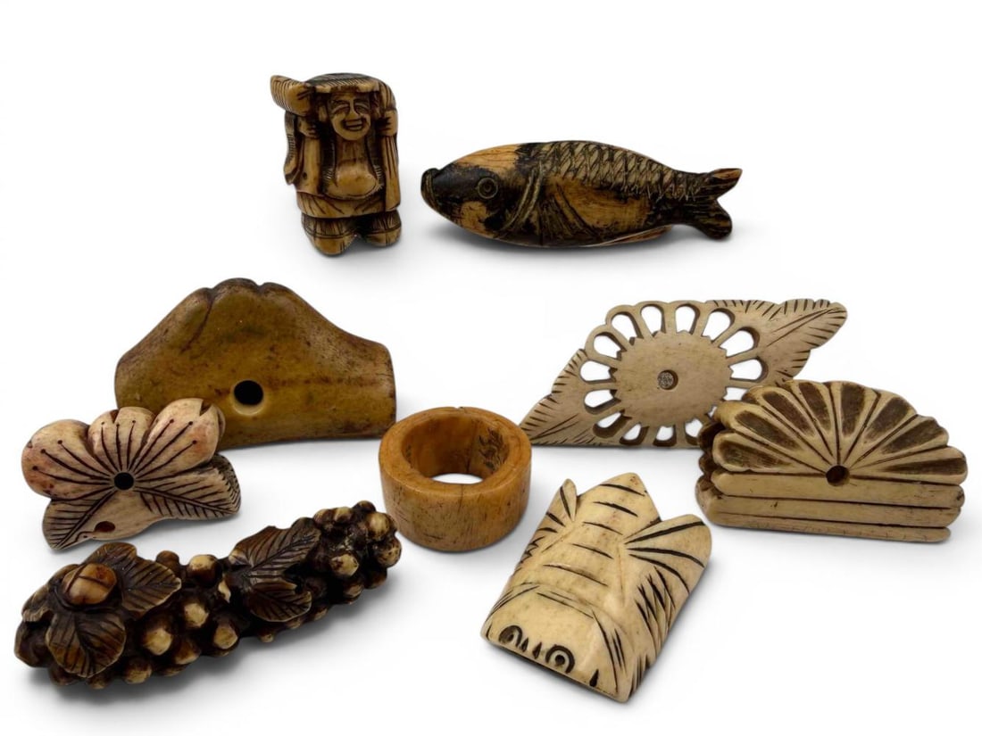 Grouping Of Japanese Stag Antler Netsuk And Ornaments: Grouping Of Japanese Stag Antler Netsuk And Ornaments. Largest approximately 3.0L x 1.5W in. Smallest approximately 1.25L x 0.61W in.