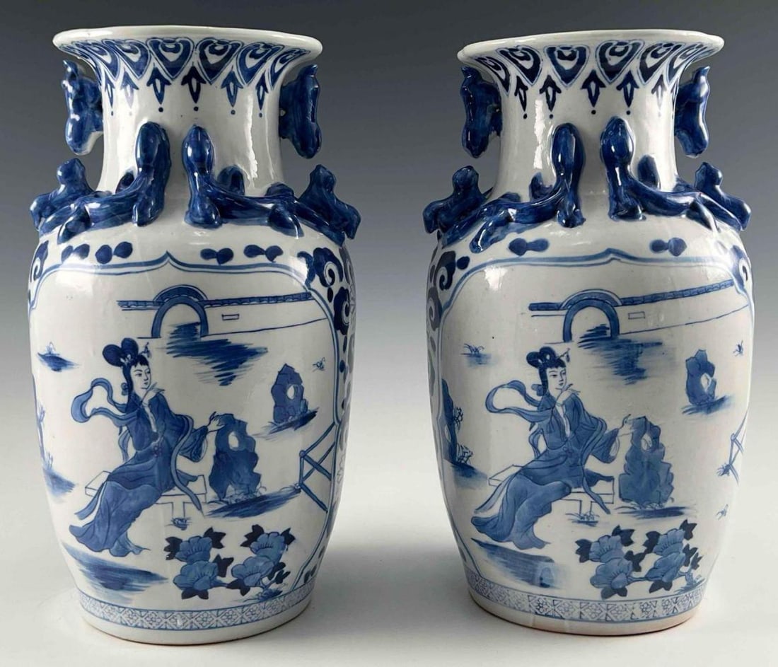Pair Of Large Chinese Blue & White Porcelain Vases, Kangxi Four-Character Mark: Pair Of Large Chinese Blue And White Porcelain Vases With Kangxi Four Character Mark, In The Manner Of And Possibly Period Of 19th Century. Each approximately 14.125H x 8.25W in. Provenance: From the 