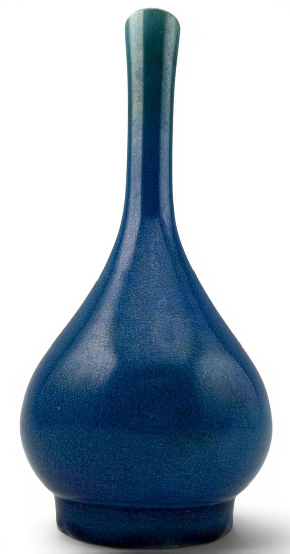Chinese Blue Glazed Bottle Vase With Crackle Glaze: Chinese ceramic bottle-form vase with bulbous body, tall narrow neck, and rich blue crackle glaze. Approximately 8.5H x 3.75W in.