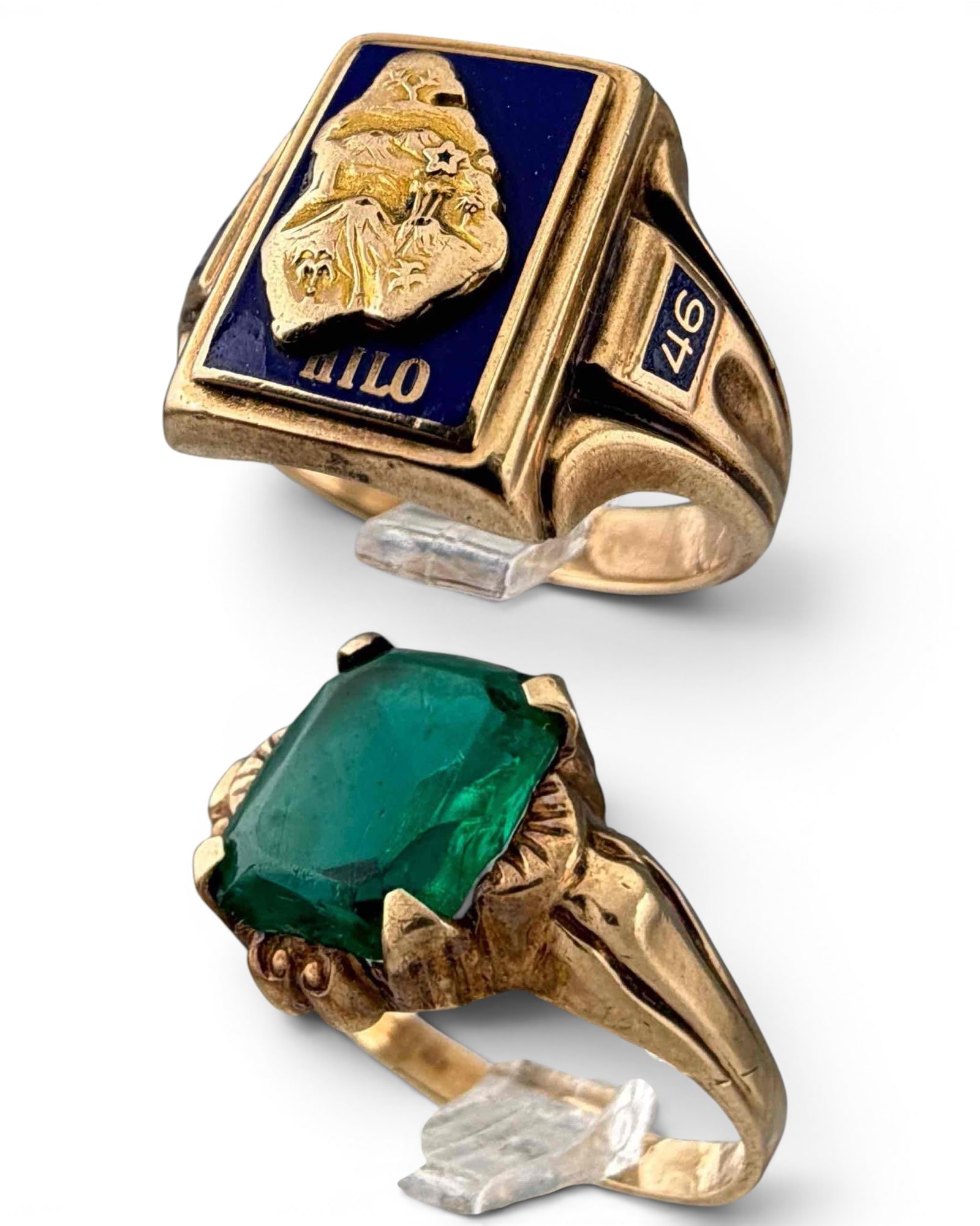 Two Vintage 10K Gold Rings: Two Vintage 10K Gold Rings, 8.0g total weight. Marked "10K." Includes Hilo High School Hawaii 1946 class ring and vintage simulated emerald ring. Hilo class ring approximate size 6. Simulated emerald 