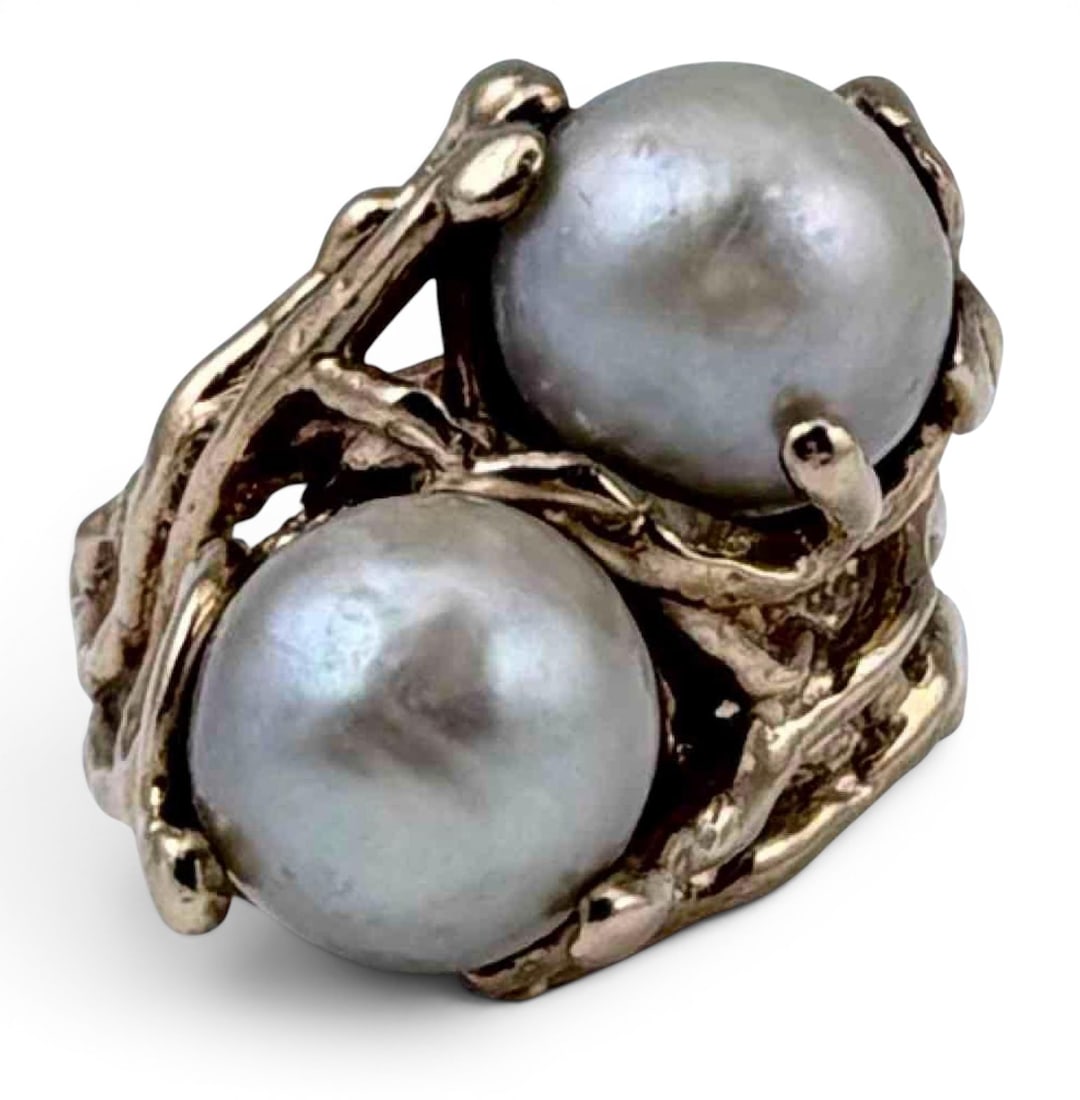 14K Yellow Gold Brutalist Pearl Ring, Ca. 1970s (1 of 3)