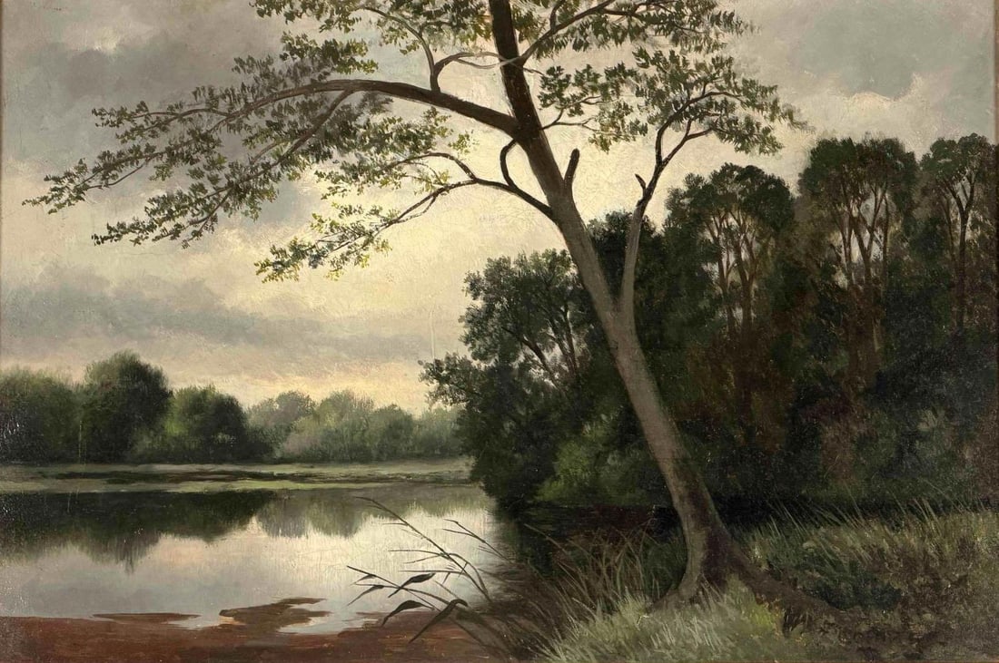 In The Manner of Jean-Baptiste-Camille Corot, River Landscape, Oil On Canvas: In The Manner of Jean-Baptiste-Camille Corot, River Landscape, Oil On Canvas. Signed lower right. Frame approximately 18.0H x 24.62W x 1.75D in. in. Sight approximately 13.12H x 19.75W in.