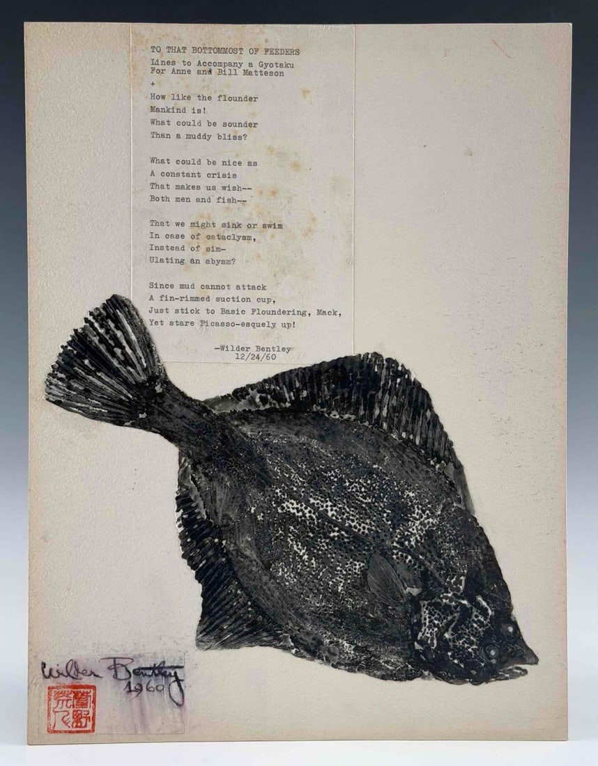 Wilder Mayo Bentley (California) To That Bottomest Of Feeders, Fish With Poem, Mixed Media On Board (1 of 4)