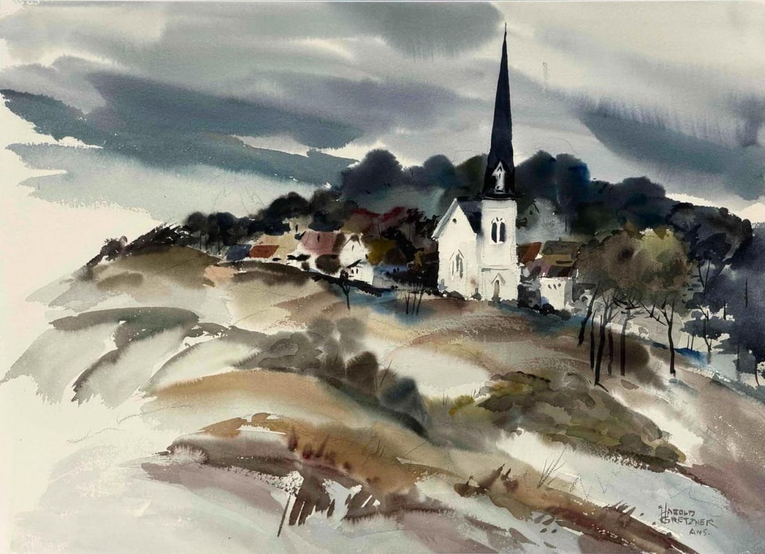 Harold Gretzner (American, 1902-1977), Church Landscape, Watercolor on Paper (1 of 10)
