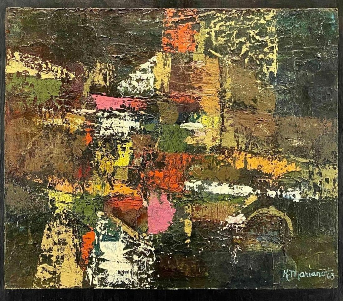 Kristine Mariano, Across The River, Mid Century Abstract Oil On Board: Kristine Mariano, Across The River, Mid Century Abstract Oil On Board. Signed K. Mariano, lower right. Dated 1963. As Mounted Approximately 26.75W x 23.4H x 1.25D in. Painting Approximately 23.875W x 