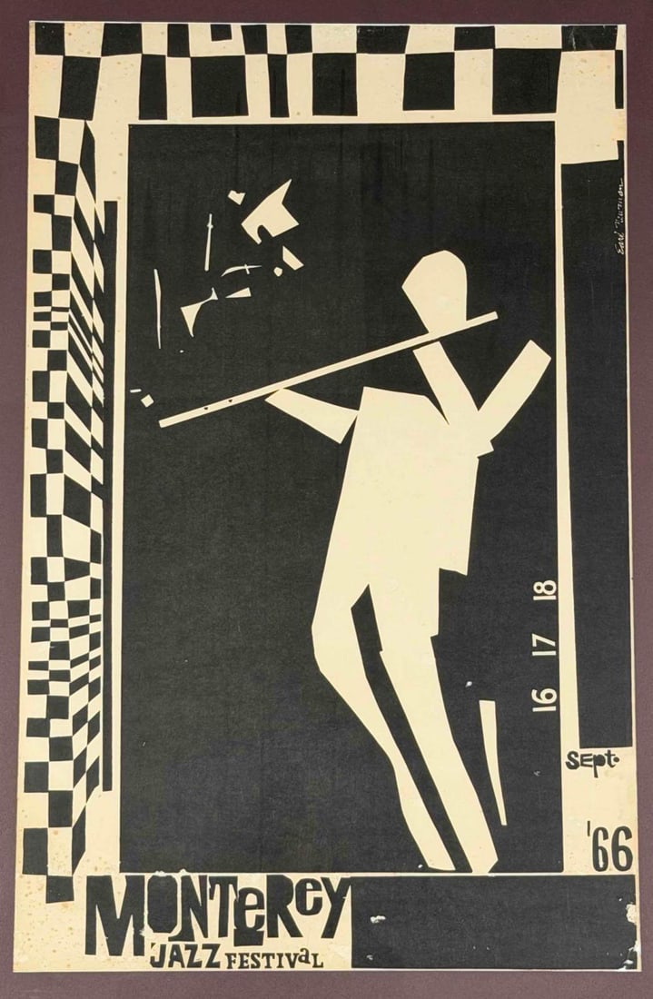 Earl Newman 1966 Monterey Jazz Festival Poster: Earl Newman (American, 20th Century) 1966 Monterey Jazz Festival poster, screenprint on paper. Graphic black and cream composition depicting a stylized musician, checkered architectural pattern, and t