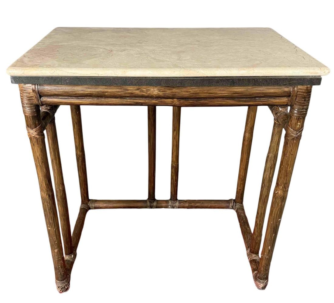 McGuire Stone Top Side Table: McGuire Stone Top Side Table. McGuire San Francisco tag attached to underside. Approximately 29.0L x 19.0W x 29.5H in.