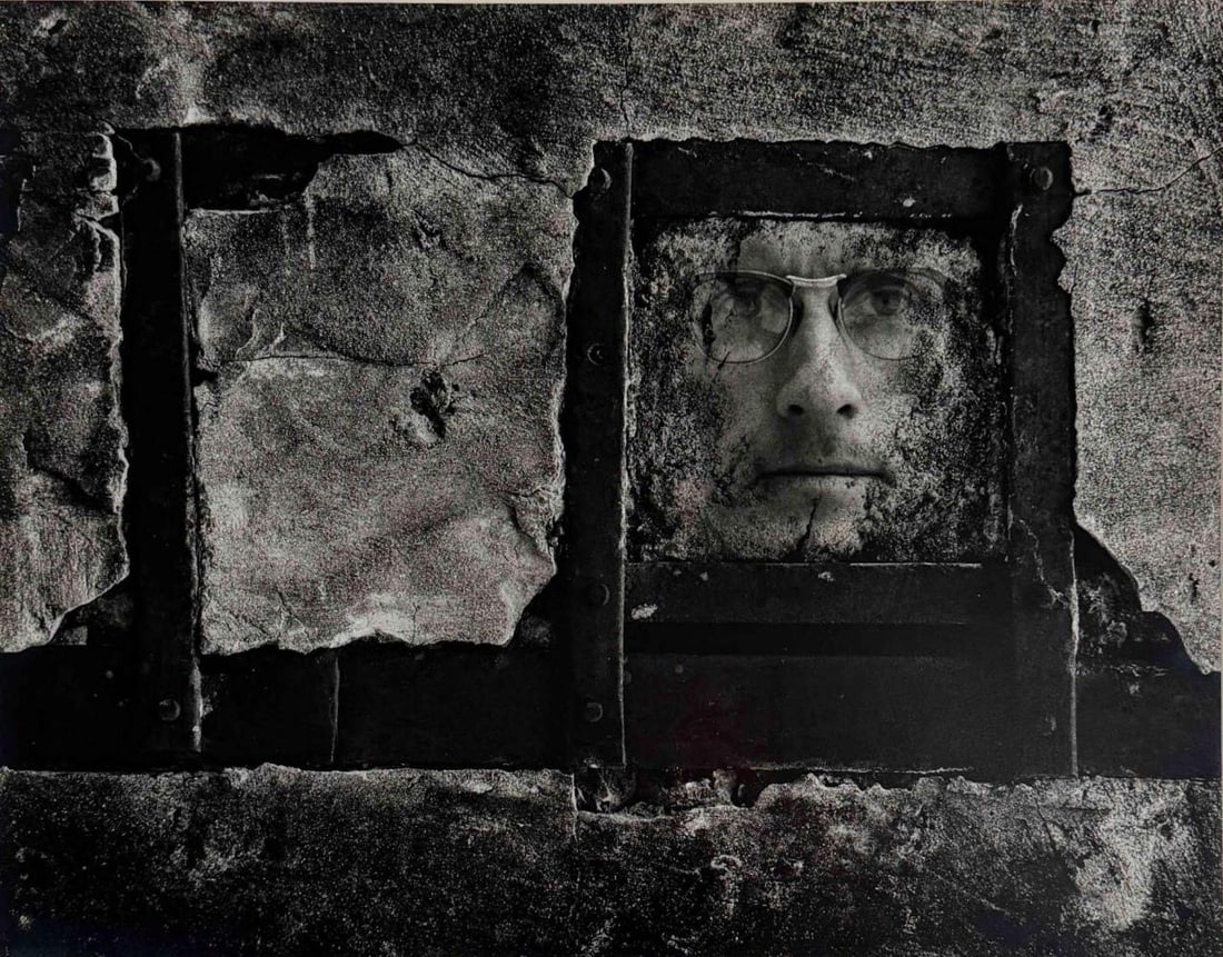 Jerry Uelsmann (American, 1934-2022), Restricted Man, Gelatin Silver Print: Jerry Uelsmann (American, 1934-2022), Restricted Man, Gelatin Silver Print. Pencil signed "J.N.U.", titled, and dated 1964 on mount. Inscription on verso: "Dec. 1966 To Helen & Brent- Humanists of the