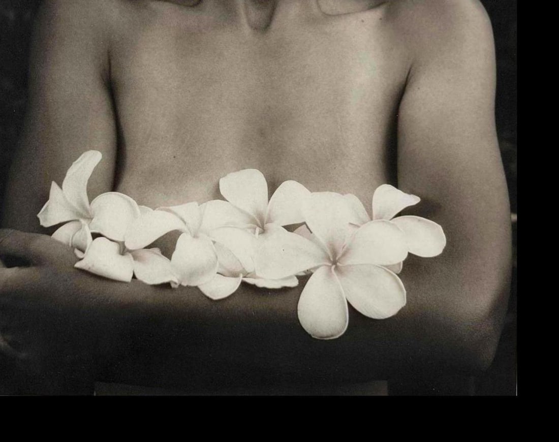Regina DeLuise (American, b. 1959), Woman With Flowers, Maui, Platinum/Palladium Print: Regina DeLuise (American, b. 1959), Woman With Plumeria Flowers, Maui, Platinum/Palladium Print. Pencil signed and editioned '18/20' in margin. Accompanied by copies of invoice from Michael Shapiro Ga
