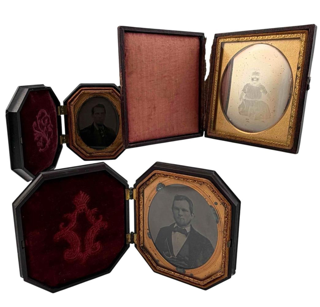Three Mid 19th C. Cased Photographs: Three Mid 19th C. Cased Photographs. Includes Daguerrotype of young child, and two ambrotype portraits of gentlemen in Gutta-Percha cases. Child portrait (case) approximately 3.62H x 3.25W in. Sight a