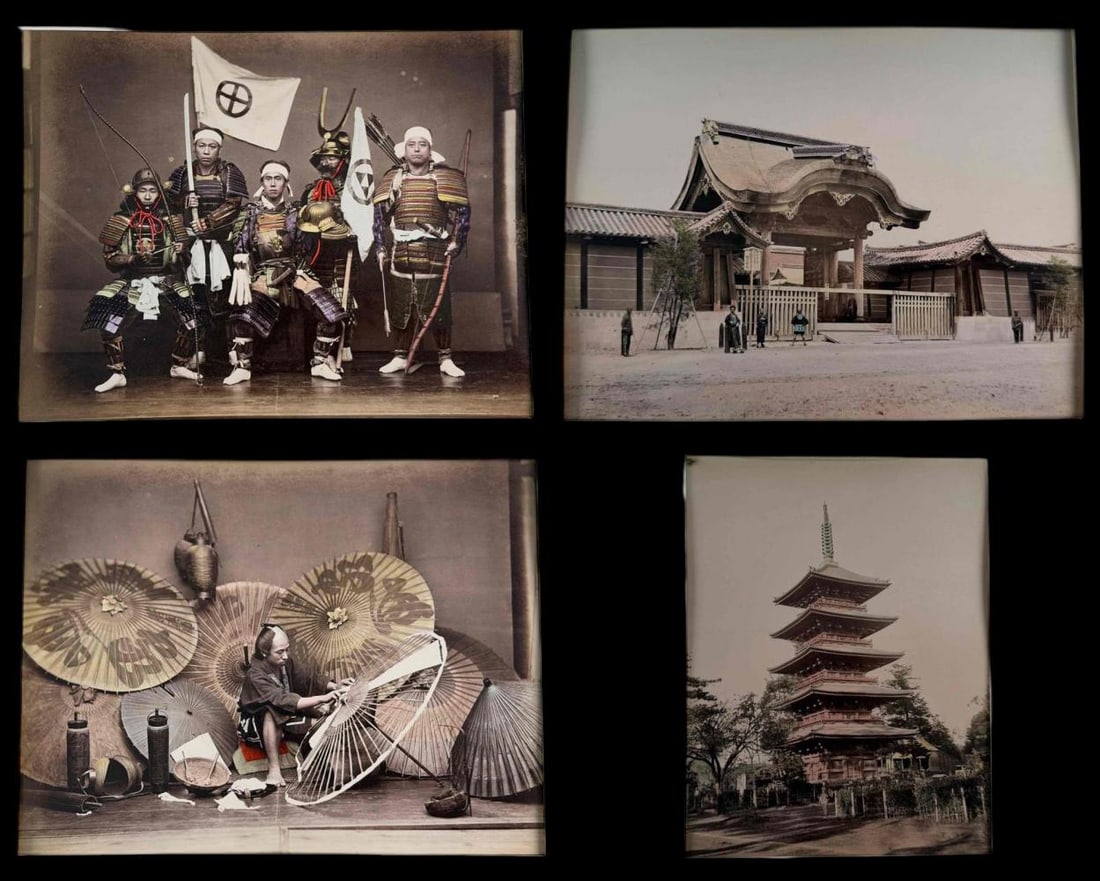 Attributed To Kusakabe Kimbei (Japanese, 1841-1934) Hand-Colored Japanese Albumen Photographs: Attributed To Kusakabe Kimbei / Kimbei Studio, four antique Japanese hand-colored albumen photographs , late 19th century, mounted to the front and back of two cardstock mounts. Includes a studio imag