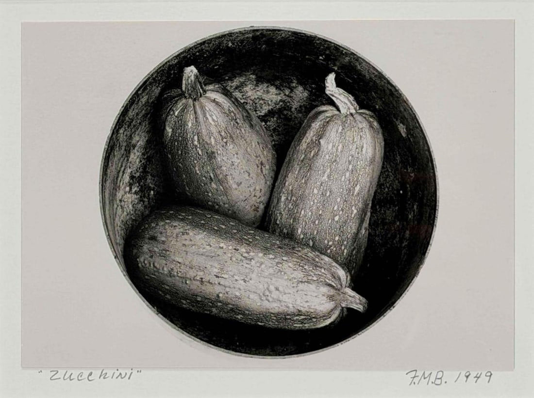 Frances M. Baer (California, 1918-2003) Still Life With Zucchini, Gelatin Silver Print: Frances M. Baer (California, 1918-2003), Zucchini, Gelatin Silver Print. Signed "F.M.B.," titled, and dated 1949 on mount. Frances M. Baer was a California artist, writer, and painter associated with 