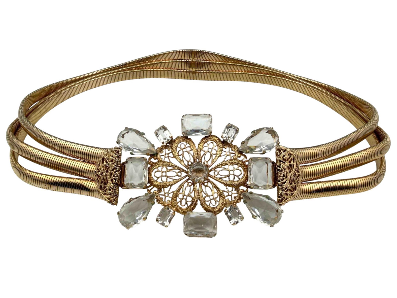 Schreiner New York Gold Tone Belt: Schreiner New York Gold Tone Belt. Marked "Scheiner New York." Wearable length approximately 28.0-32.0in. (expandable). Buckle approximately 3.0L x 2.75H in.