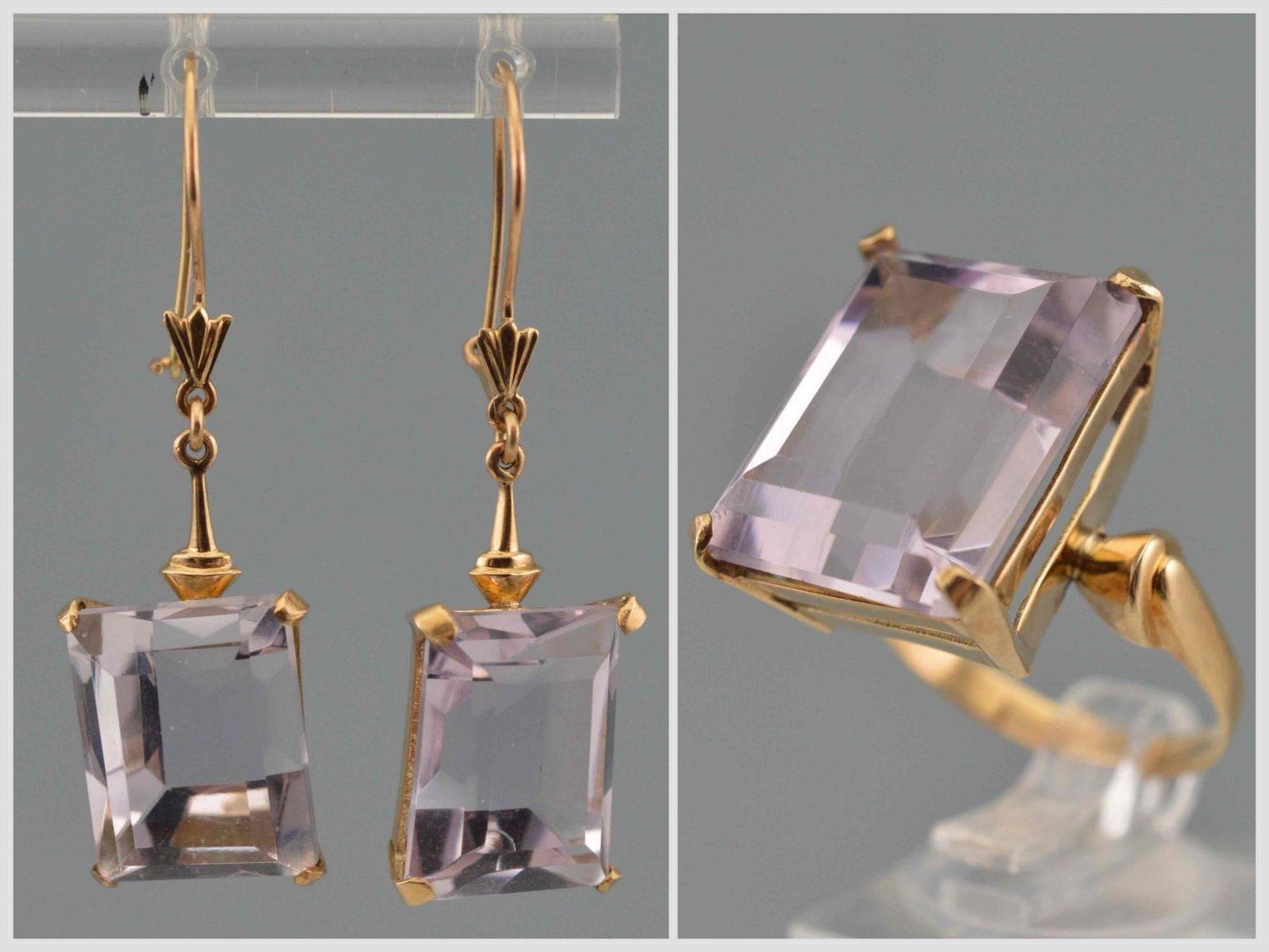 12K Amethyst Ring And Earrings Set: 12K Amethyst Ring And Earrings Set, 13.1g total weight. Unmarked, test as 12K. Amethyst in ring approximately 17.5 x 13.6mm. Approximate ring size 8. Amethyst in earrings approximately 13.5 x 10.5mm.