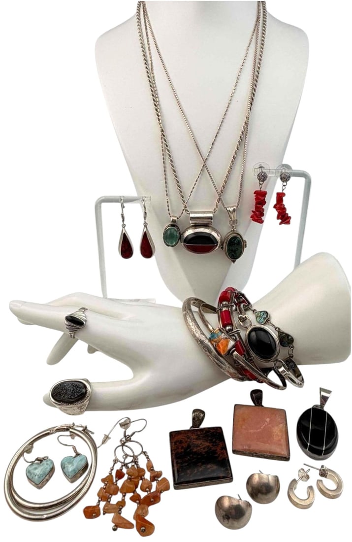 Sterling Silver Jewelry Grouping, Many Vintage Mexican Pieces: Sterling Silver Jewelry Grouping, Many Vintage Mexican Pieces, 163.9g. Weight excludes large square semiprecious stone pendants. Pieces marked or test as sterling. Includes earrings, rings, pendants, 