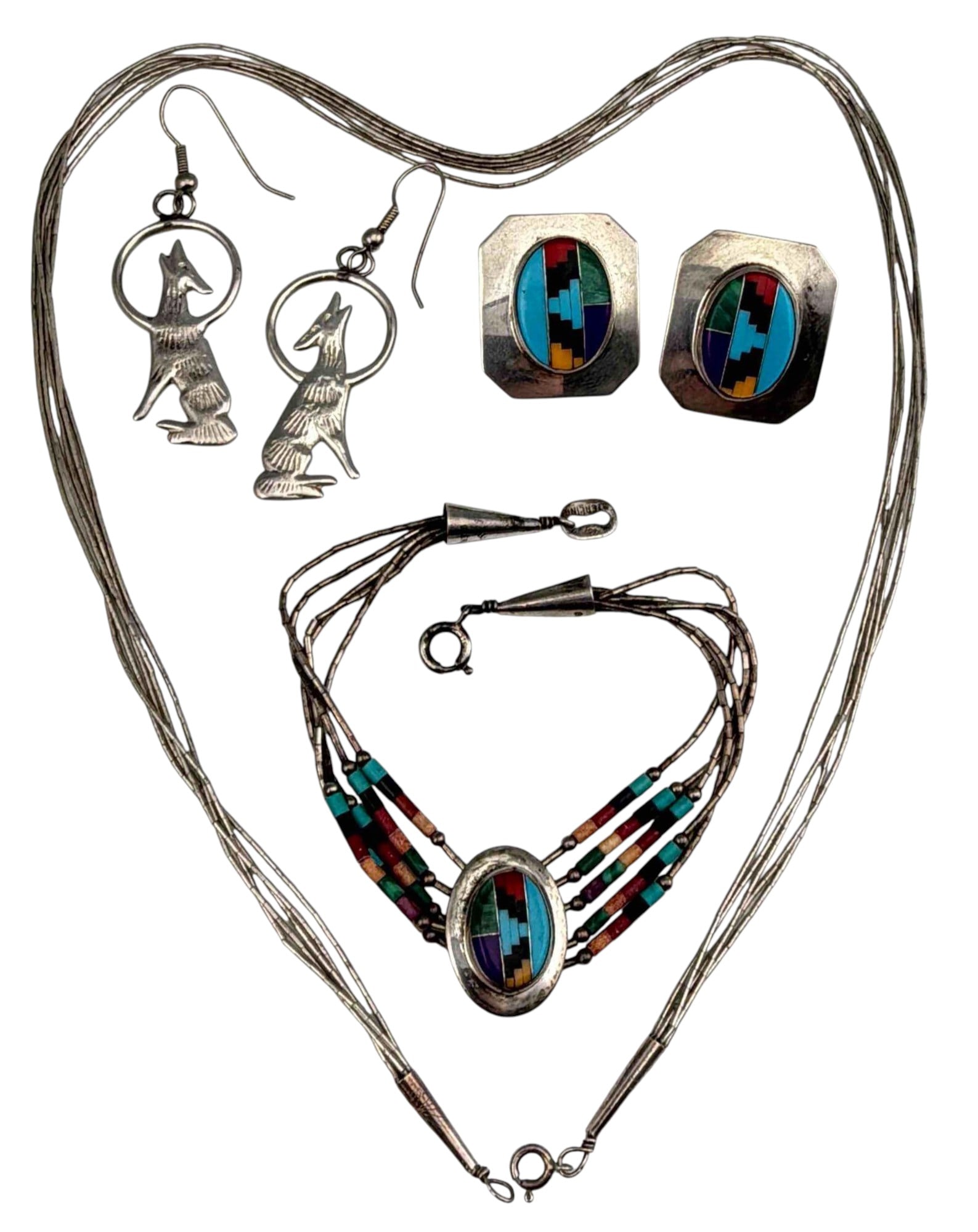 Grouping Of Native American Sterling Silver jewelry: Native American Sterling Silver & Flush Set Inlay Jewelry Suite, 23.1g. Inlay earrings and cone clasps of necklace and bracelet marked "Sterling." Howling coyote earrings unmarked, test as sterling.