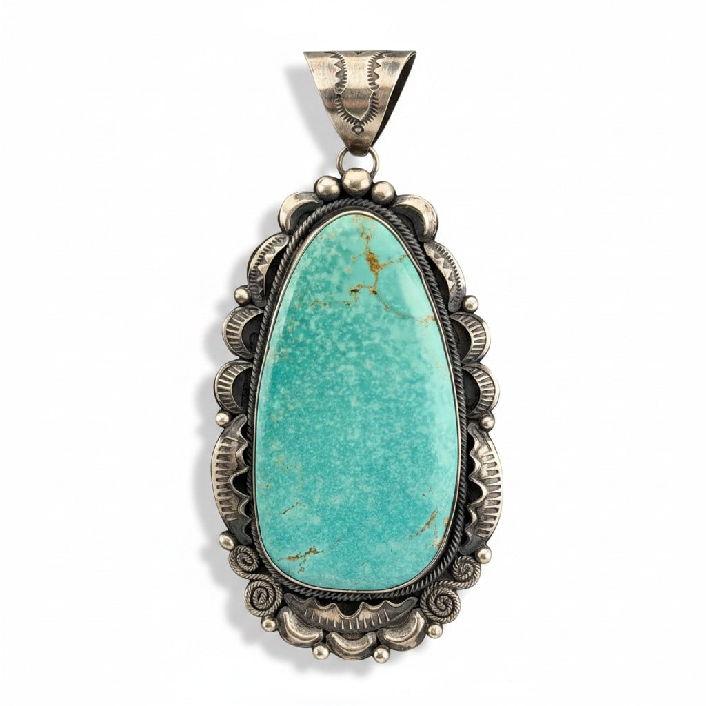 Large Navajo Sterling Silver Turquoise Pendant: Large Navajo Sterling Silver Turquoise Pendant, 44.0g. Marked "Sterling." Signed "M." Length (including bale) approximately 4.0in. Width approximately 1.90in. Turquoise approximately 2.42 x 1.29W in.