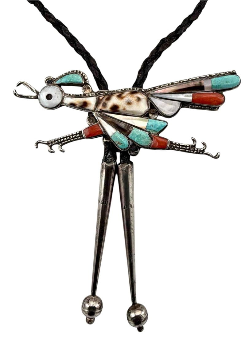 Zuni Sterling Silver Roadrunner Bolo Tie: Zuni sterling silver roadrunner bolo tie with turquoise, coral, mother of pearl, and spotted shell inlay, and sterling silver tips. Unmarked. Bolo and tips test as sterling silver. Bolo approximately 