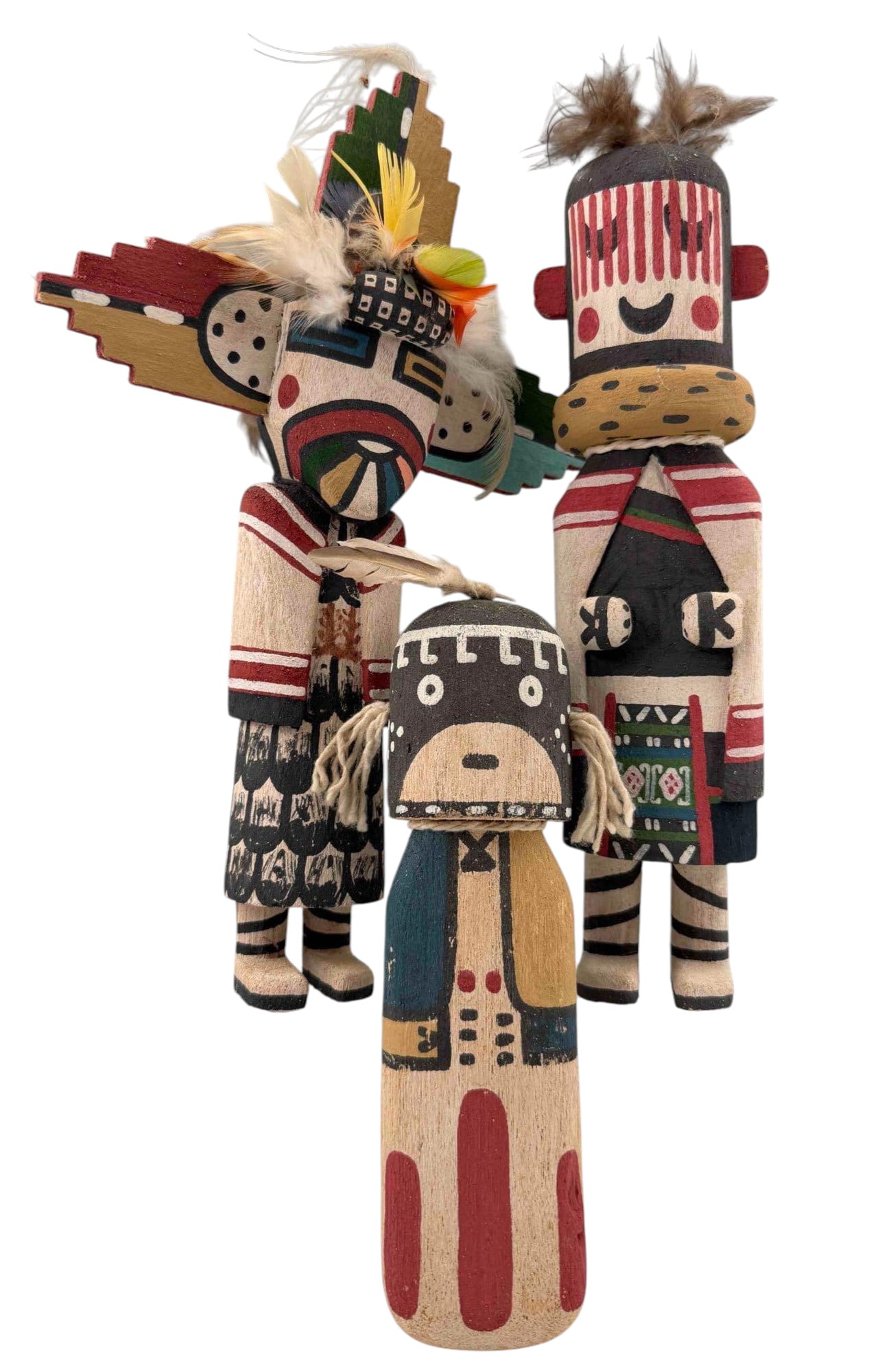 Three Hopi Carved Kachina Dolls: Group of three contemporary Hopi carved and painted kachina dolls, including one identified as Salako Mana. Two are attributed to Fred Ross on accompanying handwritten tags and are additionally signed