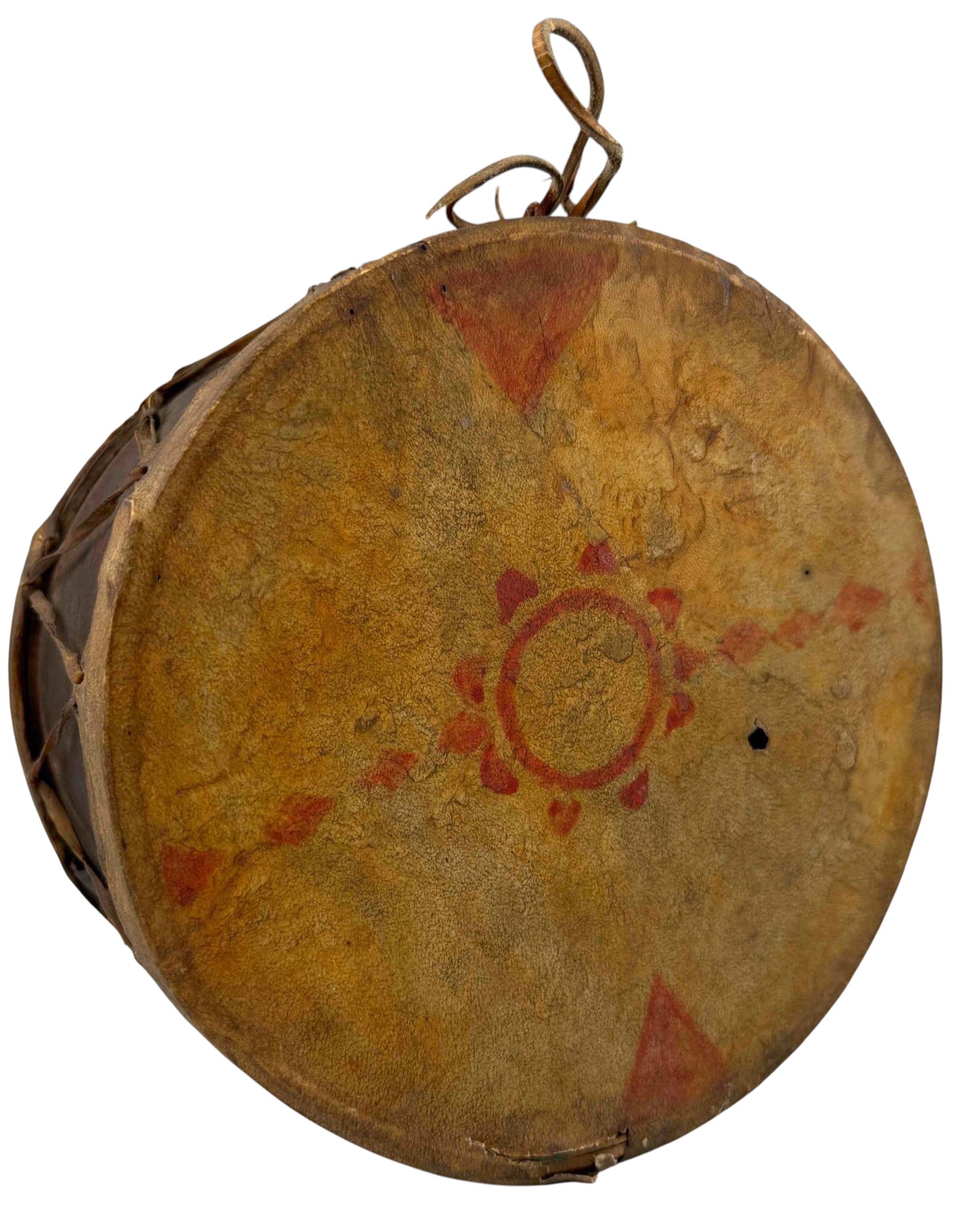 Decorated Plains Indian Double-Headed Drum, Possibly Lakota: Double-headed Plains Indian drum with bentwood shell, rawhide heads, and rawhide lacing. Each head is painted with red geometric decoration, including star and sun motifs. Accompanied by a collector's