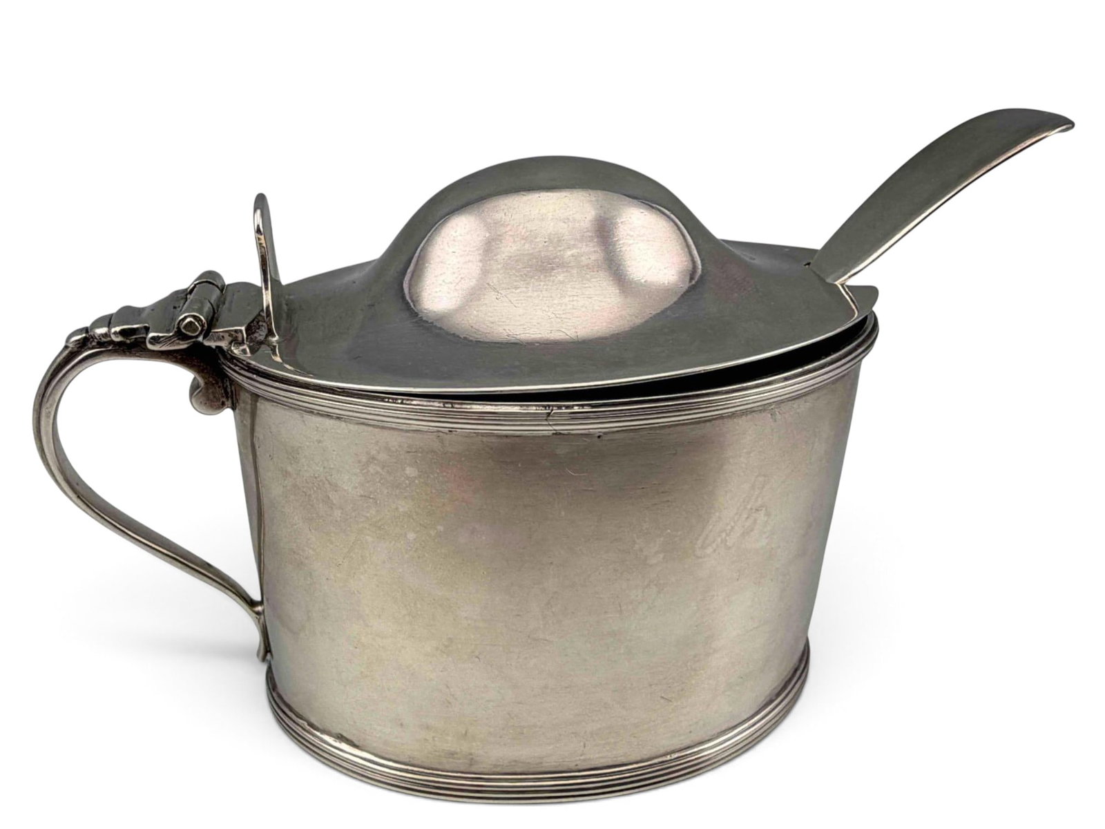 George III Sterling Silver Mustard Pot: George III Sterling Silver Mustard Pot With Spoon and Cobalt Blue Glass Liner. Silver weight 111.6g. Mustard with marks for London, 1809. Approximately 2.87H x 4.0L x 2.12W in. ALL CREDIT CARDS WILL B