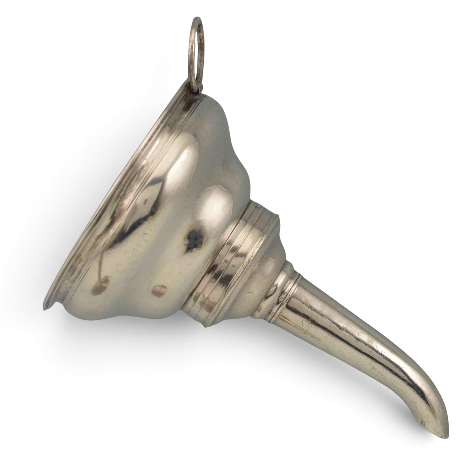 Georgian Sterling Silver Wine Funnel: Georgian Sterling Silver Wine Funnel With Strainer, 68.5g. Hallmarked sterling. Maker's mark "WS." Provenance: Purchased in England during World War II by an American lieutenant colonel while statione
