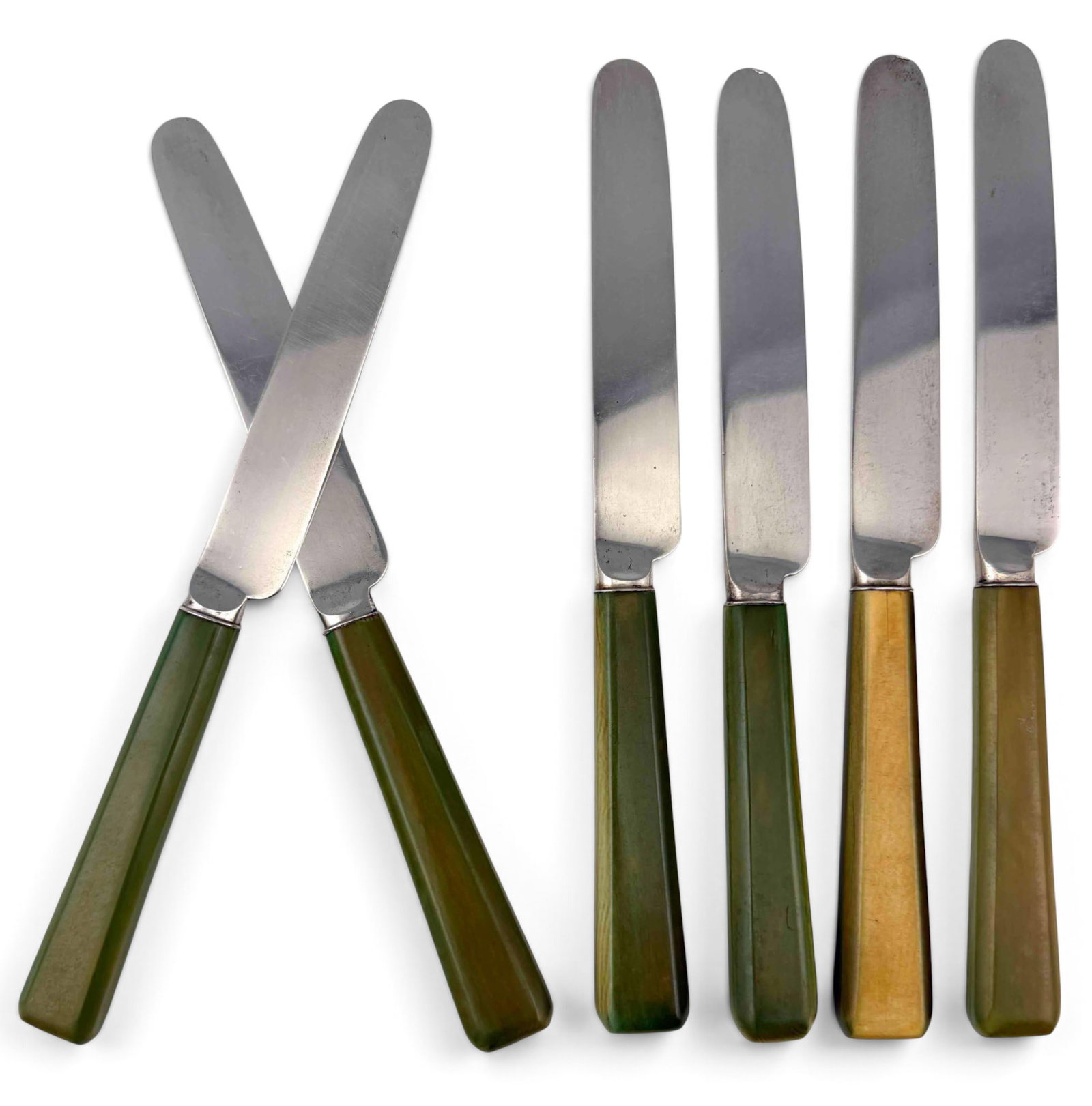 George III Sterling Silver Dessert Knives With Green Stained Bone Handles: George III Sterling Silver Dessert Knives With Green Stained Bone Handles. Set of six. 238.6g total weight. Marks for Sterling, Birmingham, 1812-1813. Mark of Joseph Willmore. Approximately 7.5L x 0.6