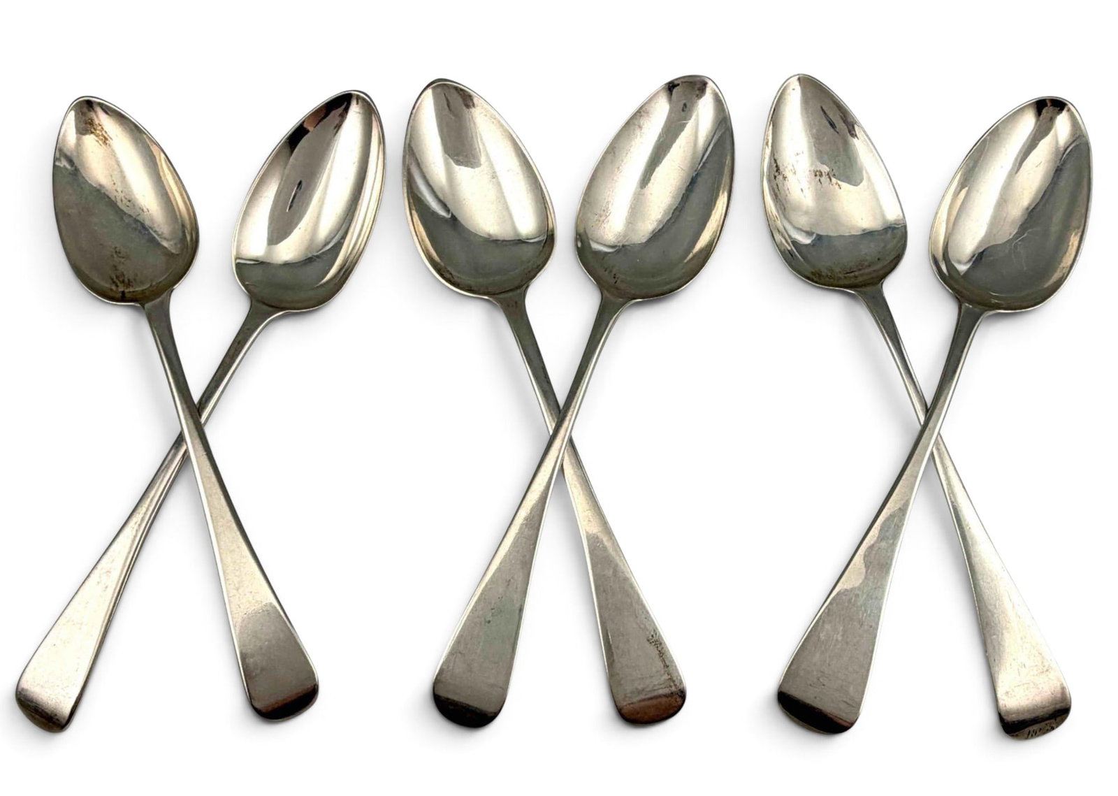 Six Georgian Sterling Silver Dessert Spoons: Six Georgian Sterling Silver Dessert Spoons, 192.9g. Marks for sterling, London, George III-Geroge IV, various makers. Approximately 7.0L x 1.37W in. ALL CREDIT CARDS WILL BE MANUALLY VERIFIED PRIOR T