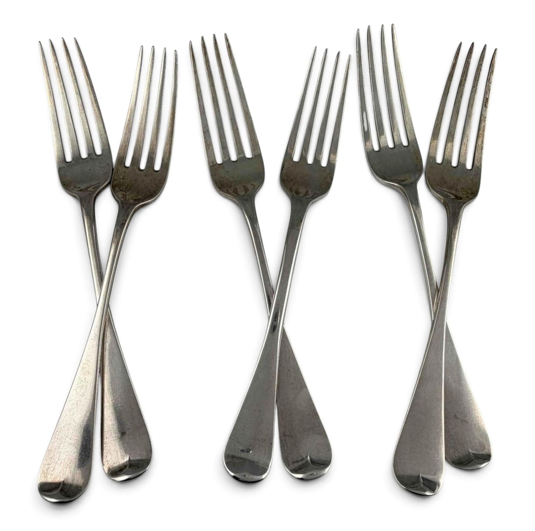 Six George IV Sterling Silver Dessert Forks: Six George IV Sterling Silver Dessert Forks, 228.0g. Marks for Sterling, London, 1829-1830. Five with mark for William Eaton, one with mark illegible. ALL CREDIT CARDS WILL BE MANUALLY VERIFIED PRIOR 