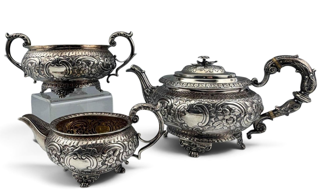 George III Sterling Silver Three Piece Tea Set, Crispin Fuller, London (1 of 18)