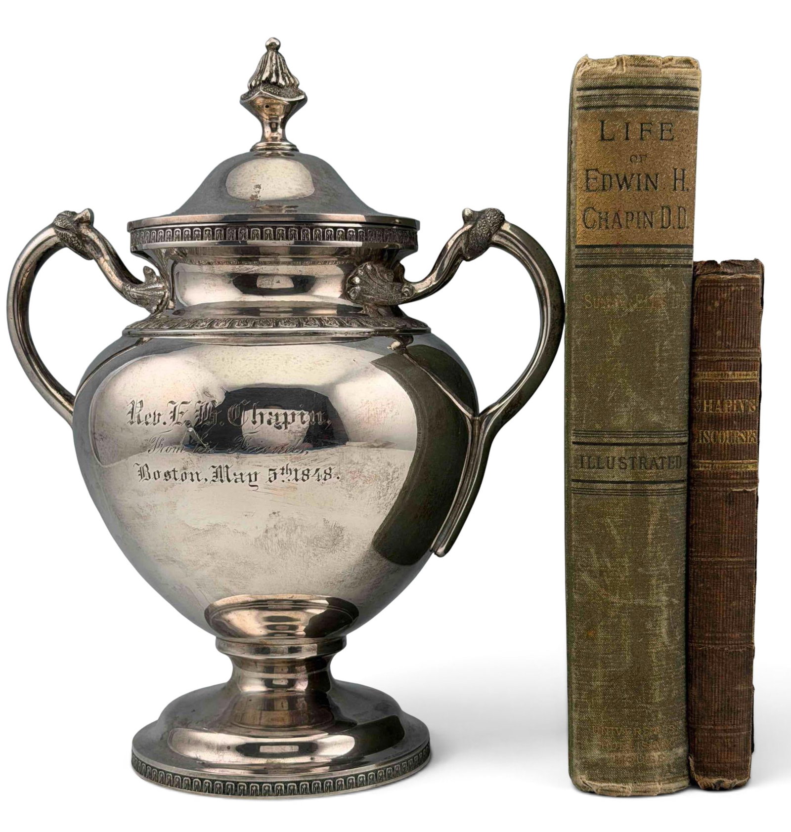 Abolitionist Edwin H. Chapin Coin Silver Presentation Urn and Books: Abolitionist Edwin H. Chapin Coin Silver Presentation Urn and Books. American coin silver presentation urn, engraved "Rev. E.H. Chapin, From his Friends, Boston, May, 1848." Urn 683.6g. Accompanied by