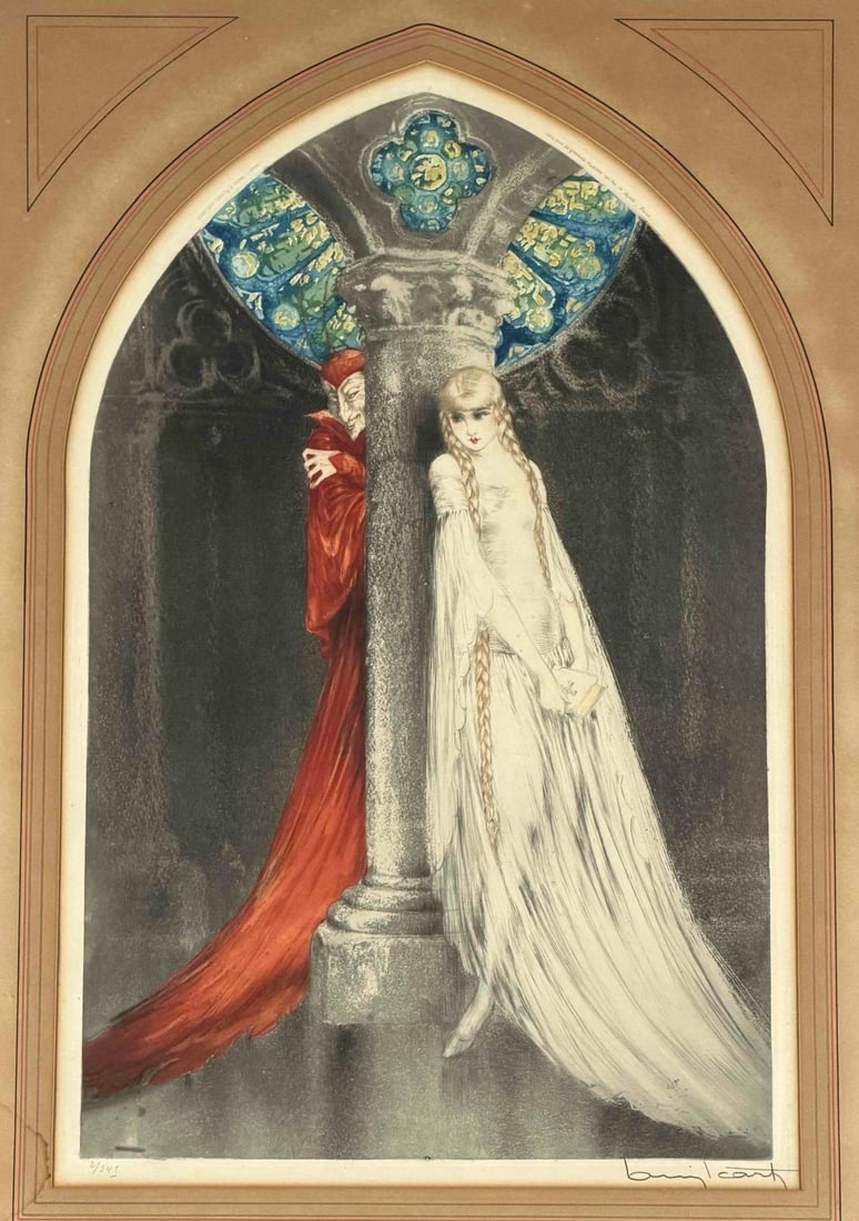 Louis Icart (French, 1888-1950), Faust, Color Etching: Louis Icart (French, 1888-1950), Faust, Color Etching. Pencil signed lower right and numbered 6/345 lower left, with the artist's windmill blind stamp; Marked "Copyright 1928 by L. Icart - Paris" and 