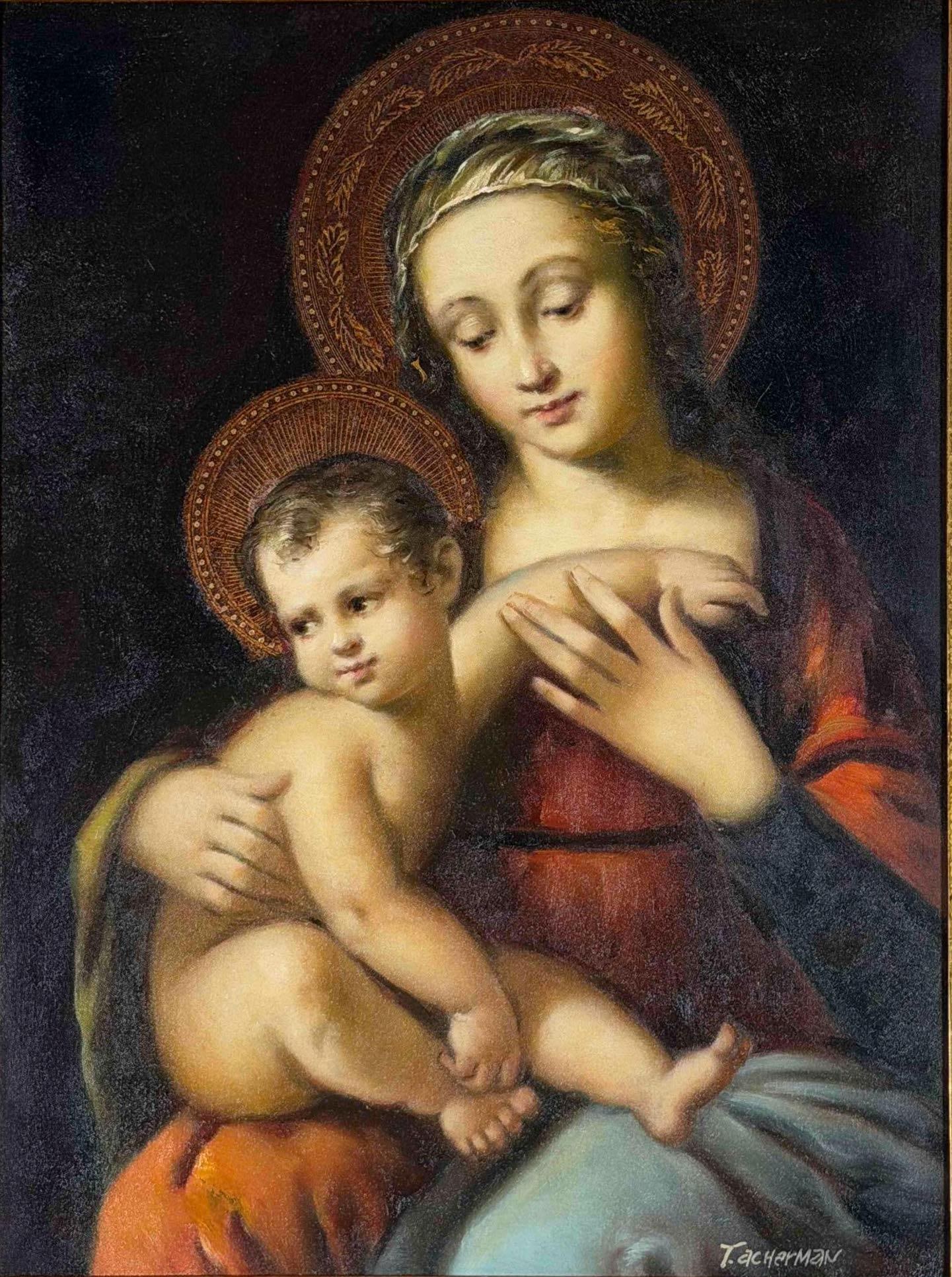 Teodoro Ackerman (Italian School, 20th-21st C.), Madonna And Child, Oil On Canvas: Teodoro Ackerman (Italian School, 20th-21st C.), Madonna And Child, Oil On Canvas. Signed lower right. Frame approximately 40.0H x 32.0W in. Sight approximately 31.0H x 23.0W in.