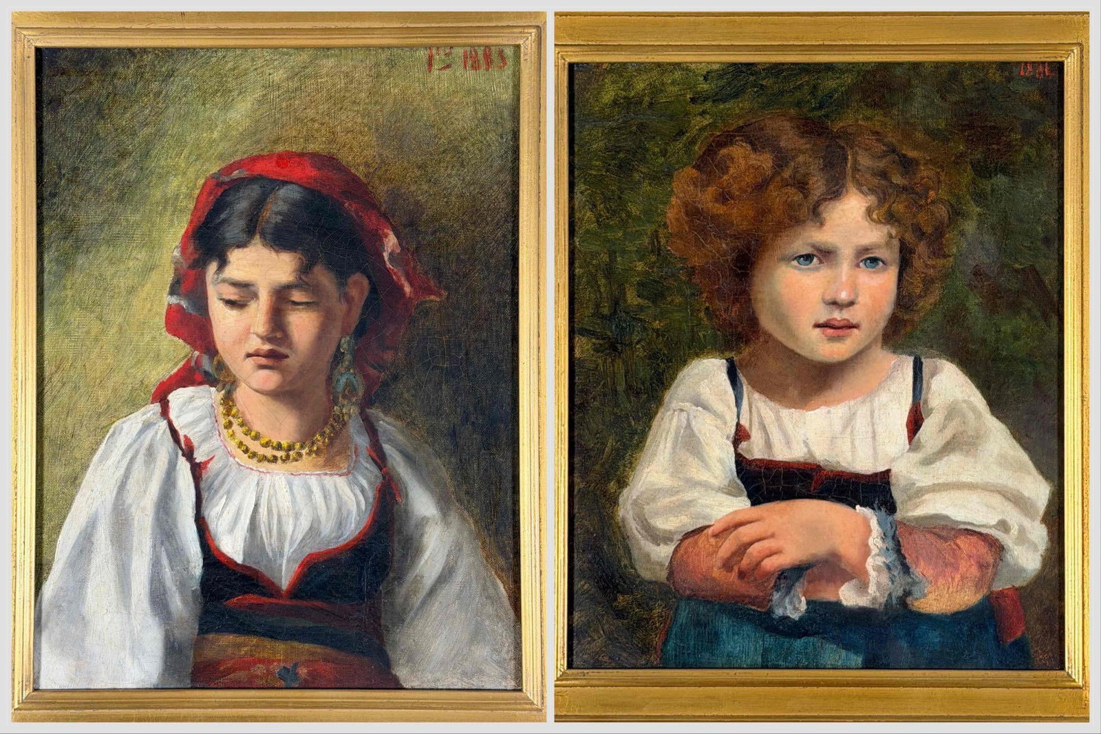 Two Continental School Portraits of Young Girls, 19th Century, Oil On Canvas: Two Continental School Portraits of Young Girls, Dated 1883 and 1884, oils on canvas. One depicts a dark-haired young woman in regional dress with a red head covering and jewelry, dated 1883 in red at