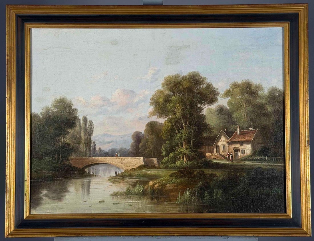 Continental School River Landscape With Stone Bridge and Cottage, 19th Century, Oil on Canvas: Continental School River Landscape With Stone Bridge and Cottage, 19th Century, Oil on Canvas. Pastoral landscape depicting a river crossed by a stone bridge, with figures, cottages, and trees beneath